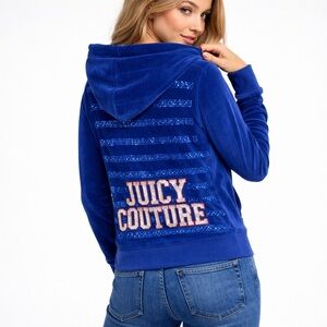Juicy Couture Royal Blue Velour Hoodie L Made in USA Sequin Stripe Logo Y2K